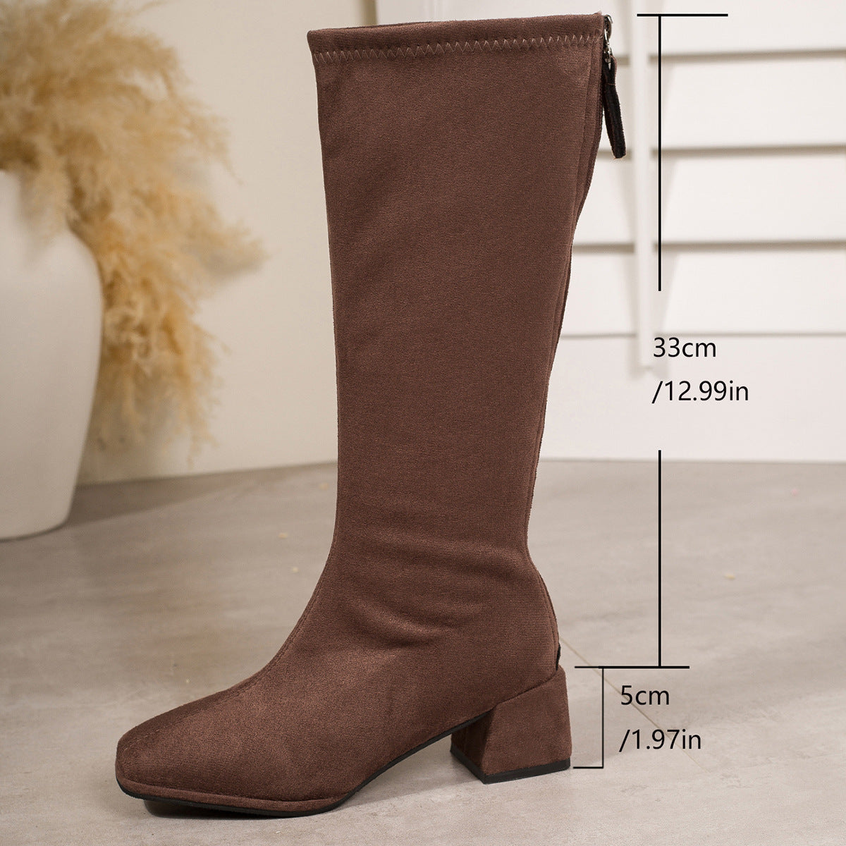 Winter Block-toe Figure-flattering Chunky-heel Stretch Boots