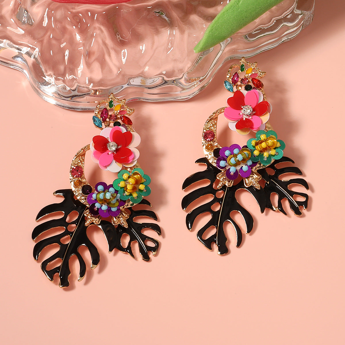 Fashionable Exaggerated Alloy Leaf Earrings With Colorful Rhinestones For Women