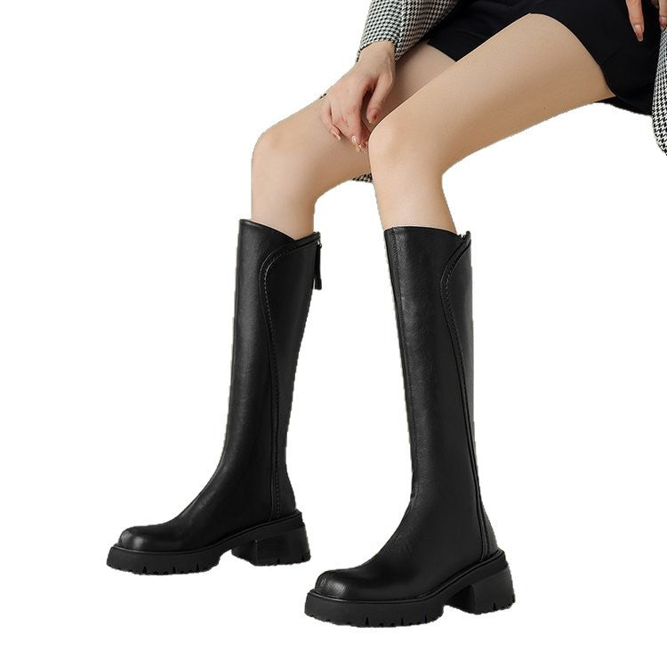 Spring And Autumn Velvet-lined Retro Long Riding Boots With Back Zipper