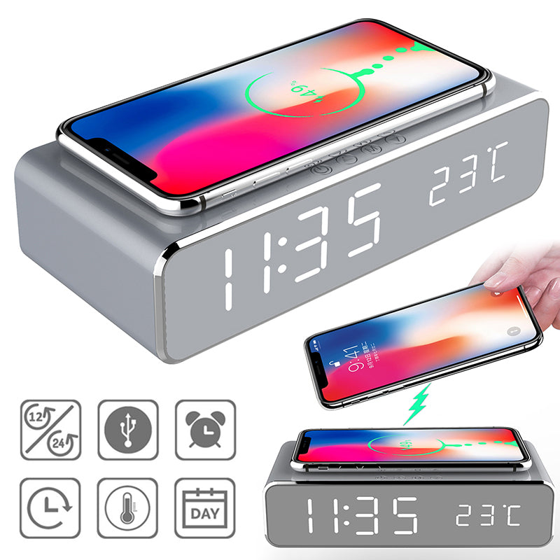 Sveglia elettrica a LED con caricabatterie wireless, orologio digitale da tavolo, termometro, orologio HD con specchio, orologio da tavolo, decorazione