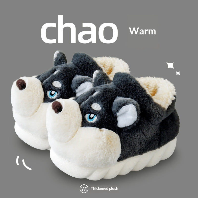 Cute Husky Cartoon Pure Cotton Slippers Men's Style Warm Indoor Slippers For Winter Home Use