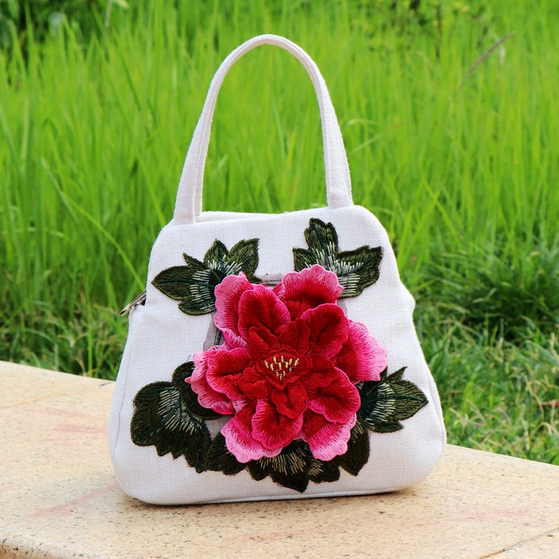 Ethnic-style Embroidered Floral Bag, Canvas Casual Bag, Handbag