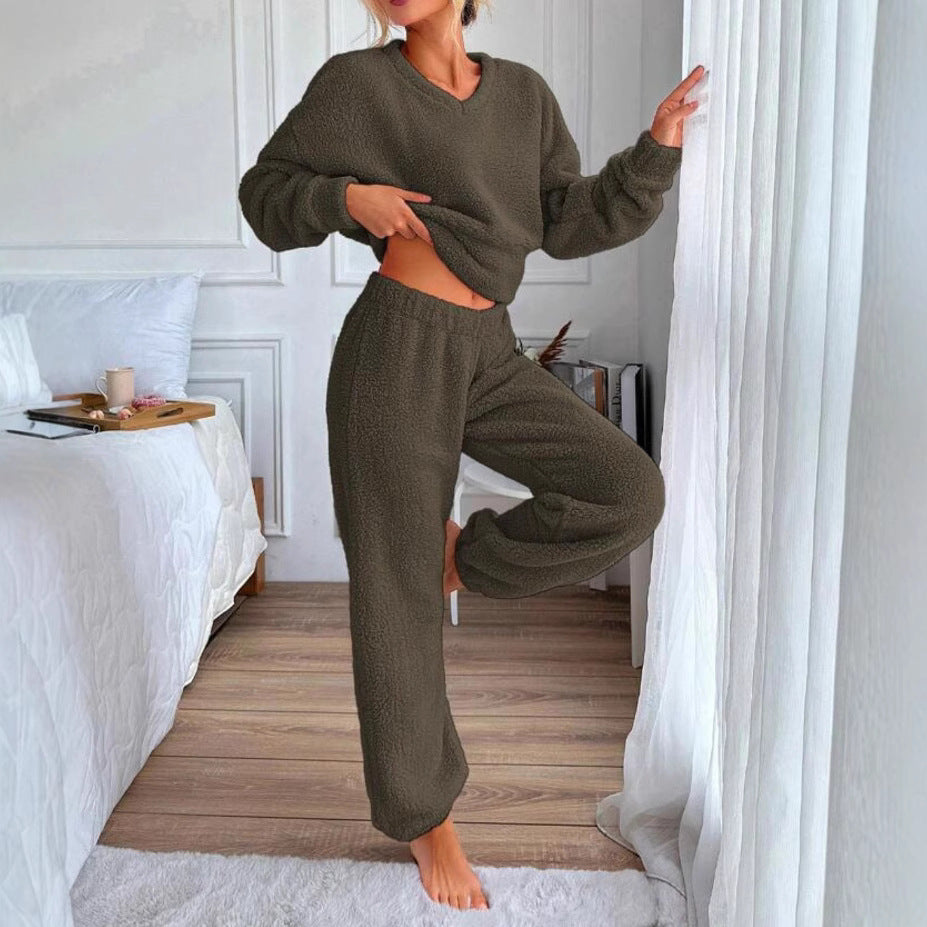 Women's Comfortable V-neck Casual Loungewear Warm Set