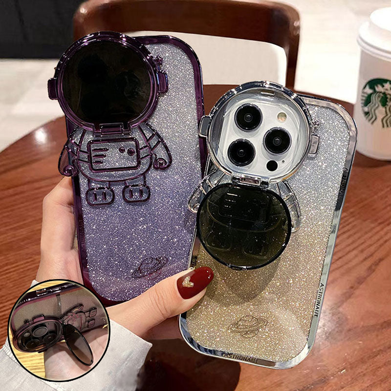 Custodia per telefono con supporto per fotocamera Astronauta glitterata per I14 13 12 11 Pro Max XR 14 Plus, supporto per obiettivo invisibile, placcatura morbida
