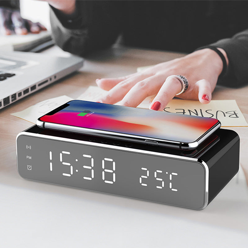 Sveglia elettrica a LED con caricabatterie wireless, orologio digitale da tavolo, termometro, orologio HD con specchio, orologio da tavolo, decorazione