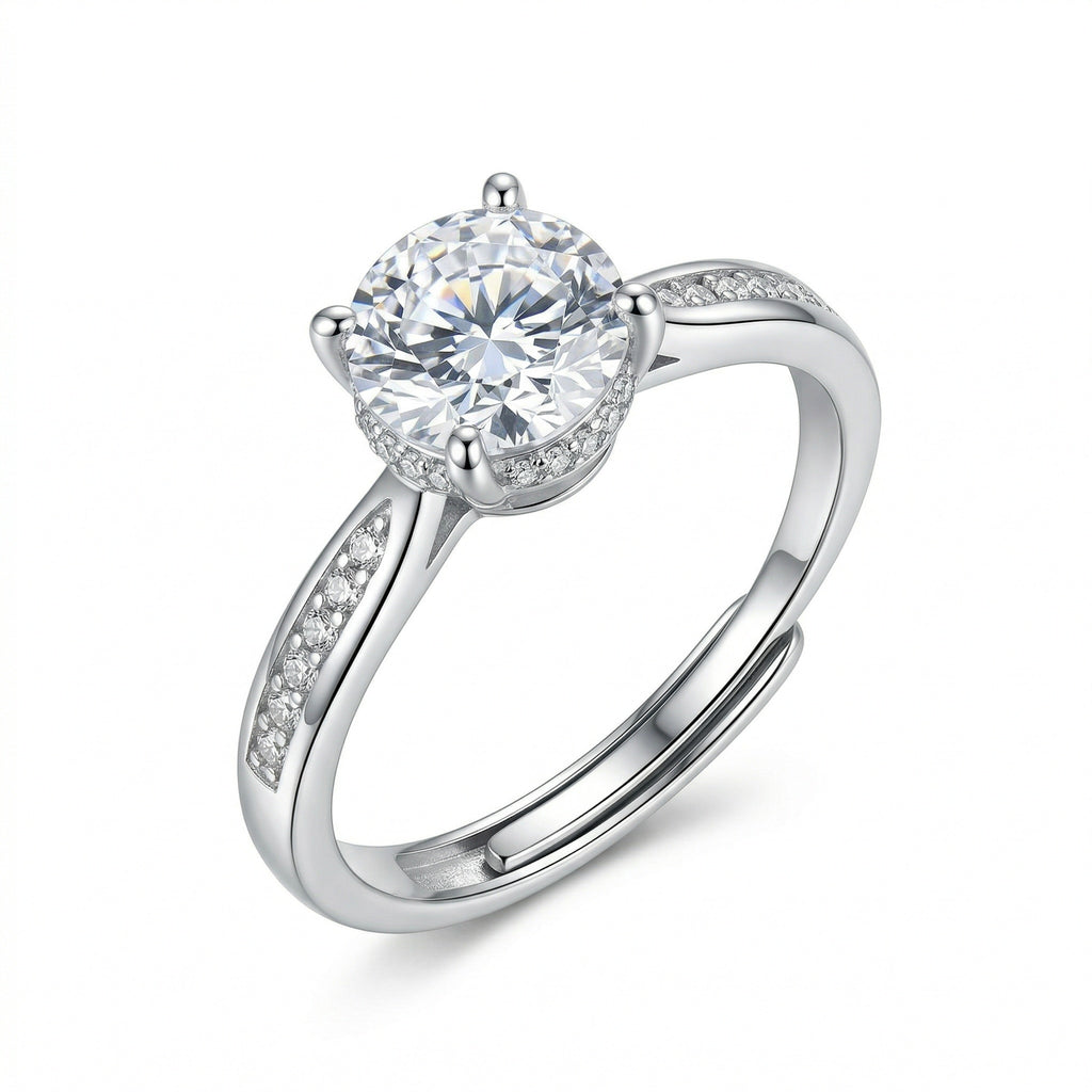 925 Sterling Silver Elegant Round Brilliant Diamond Engagement Ring with Hidden Halo and Pavé Band