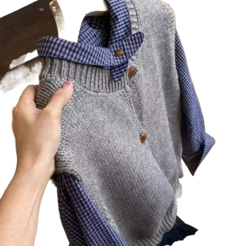 Blue Plaid Shirt Knitted Vest Two-piece Casual