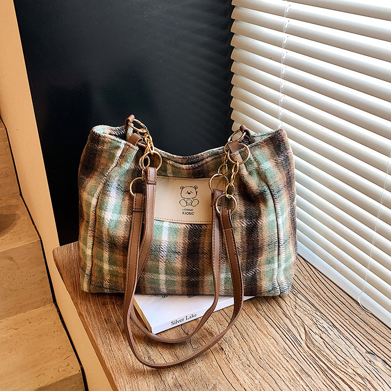 Wool Plaid Women's Single-Shoulder Commuter Bag With Large Capacity