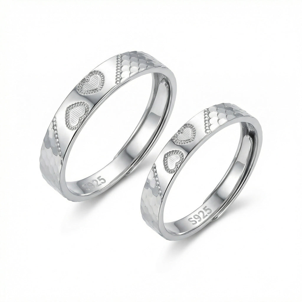 925 Sterling Silver Elegant S925 Sterling Silver Heart Pattern Couple Rings - Romantic Adjustable Jewelry Set