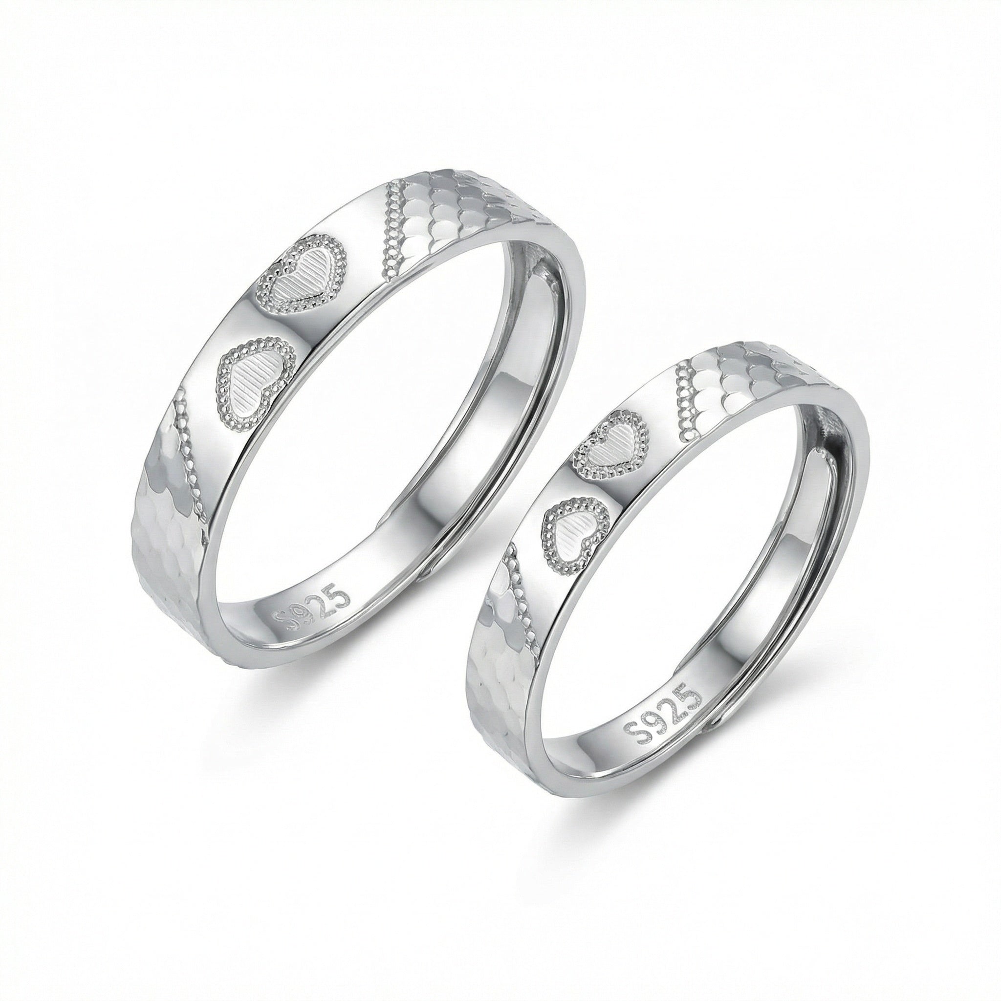 925 Sterling Silver Elegant S925 Sterling Silver Heart Pattern Couple Rings - Romantic Adjustable Jewelry Set