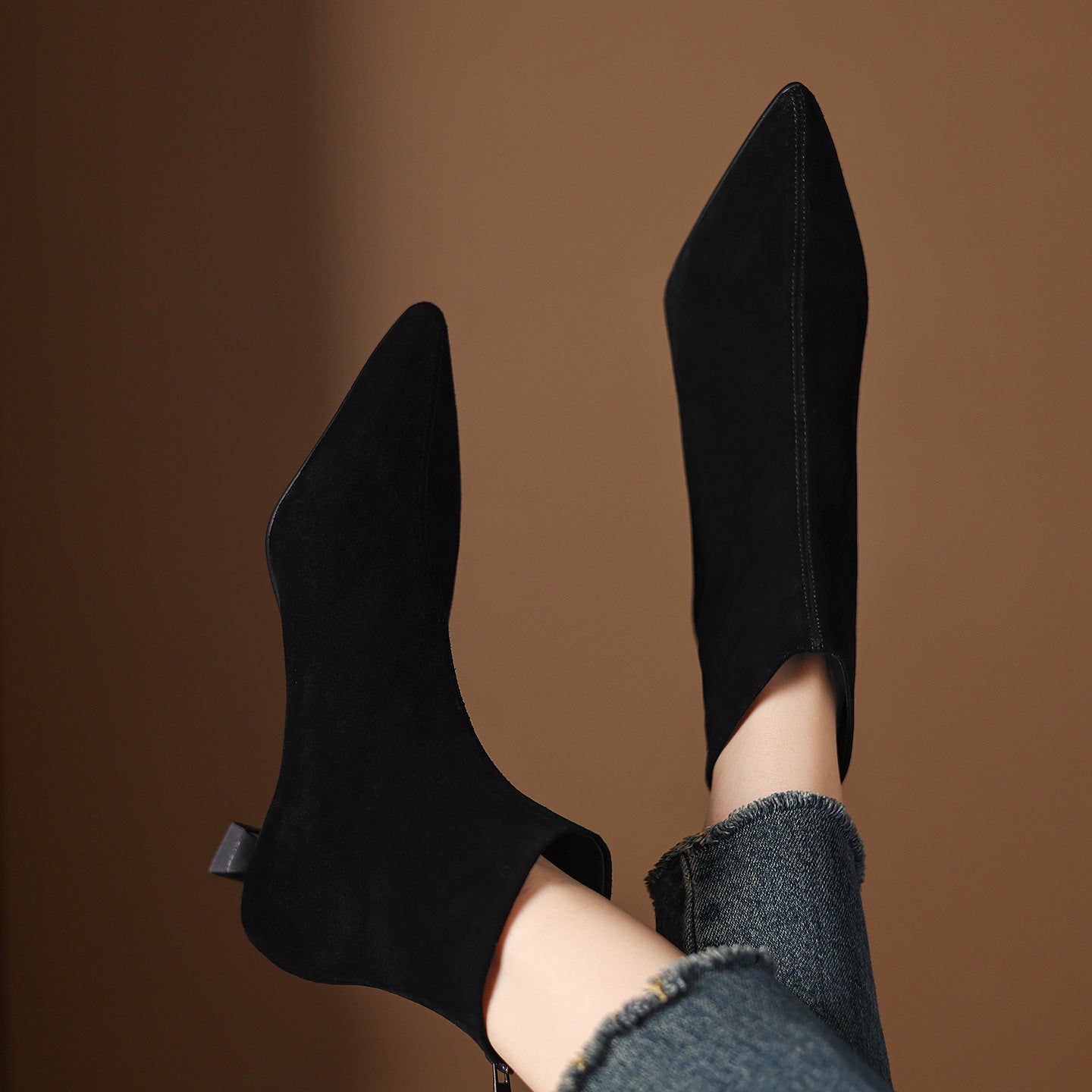Cowhide Suede Pointed-toe Ankle Boots For Women