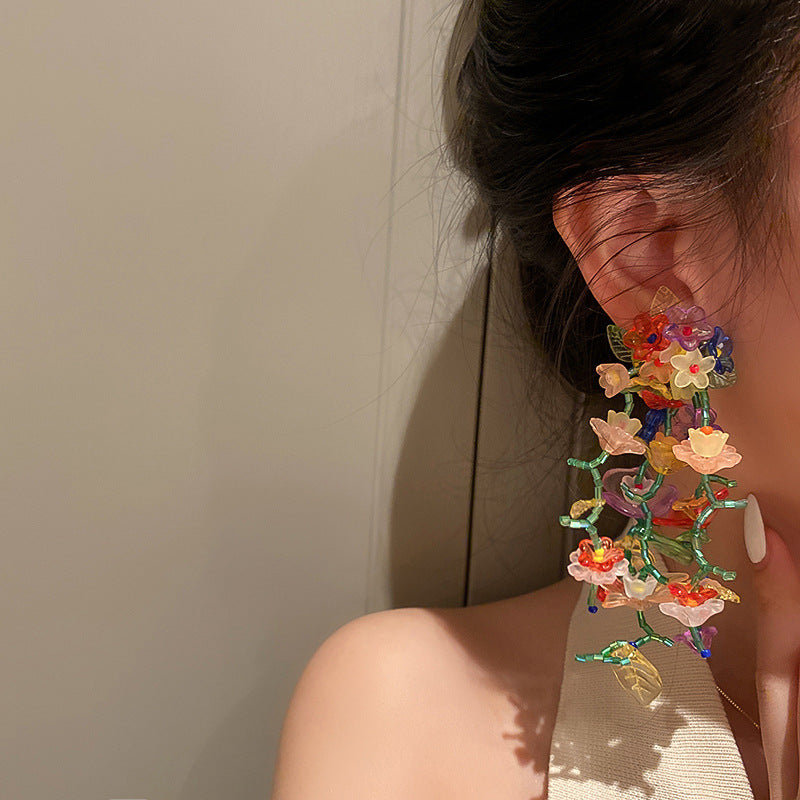Colorful Flower Dangle Earrings For Women 925 Sterling Silver Post Statement Floral Acrylic Beaded Long Drop Earrings Fashion Jewelry