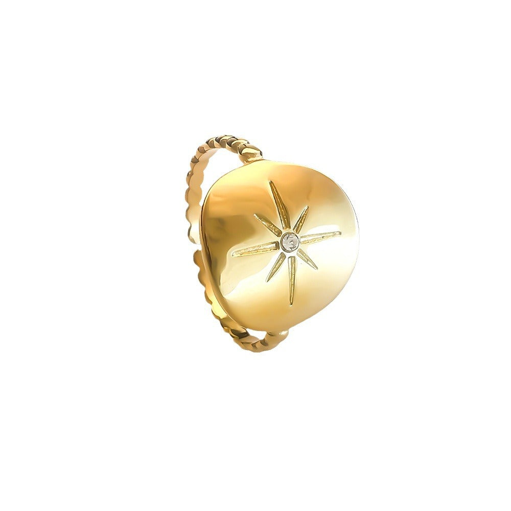 Sun Pattern Octagonal Star Diamond-Encrusted Stainless Steel Ring