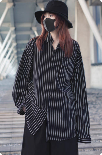 Black And White Striped Loose Long-sleeved Thin Shirt