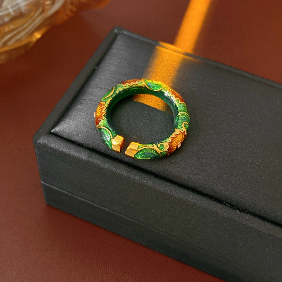 Vintage Floral Ring Green Enamel Statement Ring Retro Diamond Pearl Flower Ring For Women Fashion Jewelry