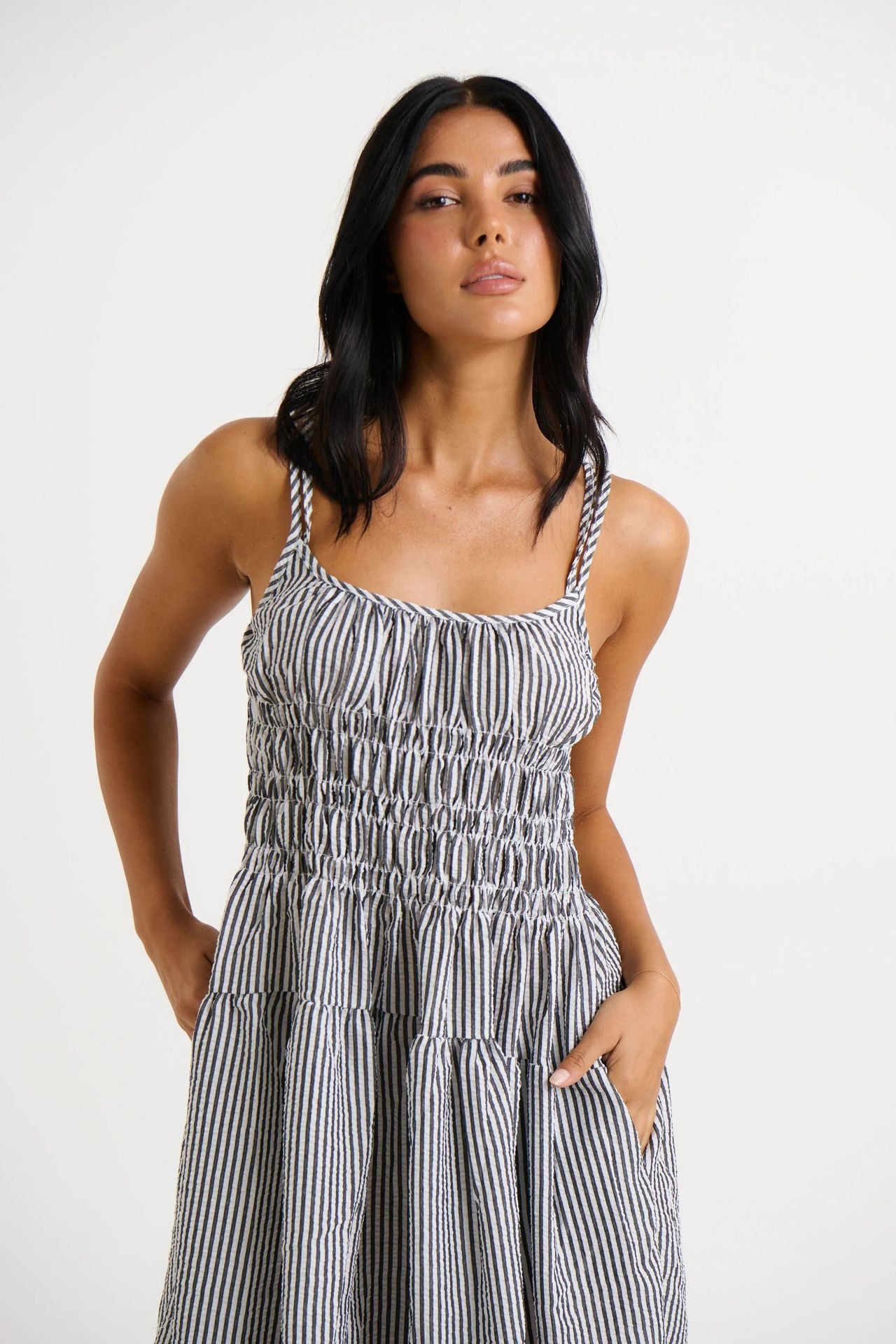 Women's Striped Strappy Waist-Cinching Slimming Dress
