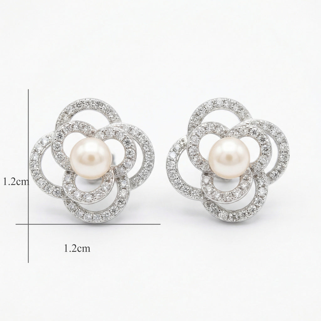 925 Sterling Silver Exquisite Pearl and Pave-Set Crystal Floral Stud Earrings in Silver