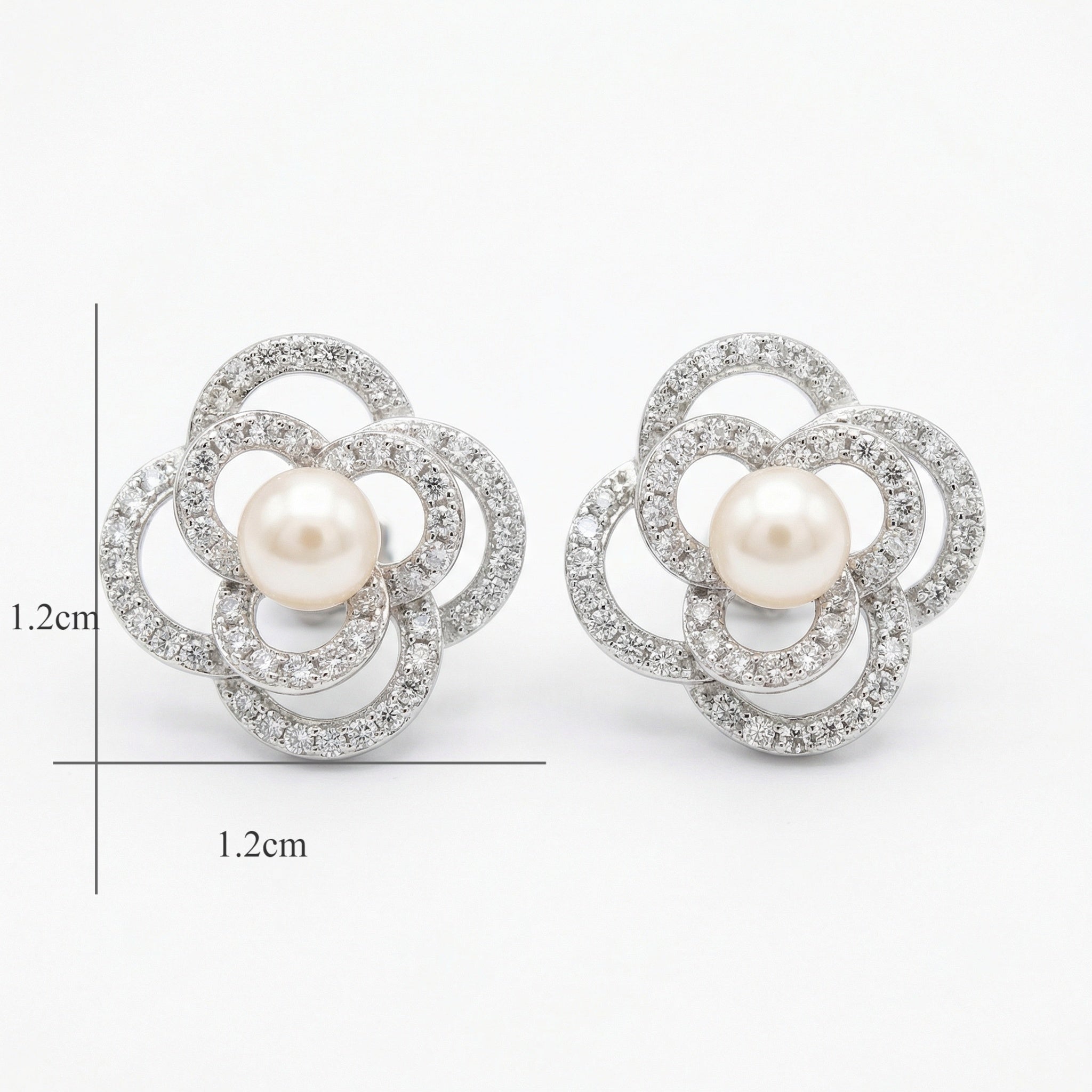 925 Sterling Silver Exquisite Pearl and Pave-Set Crystal Floral Stud Earrings in Silver