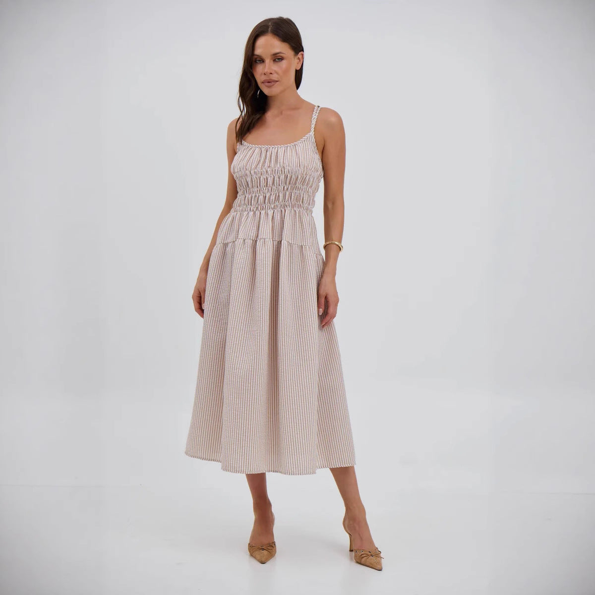 Women's Striped Strappy Waist-Cinching Slimming Dress