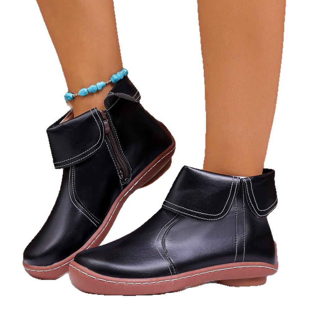 Round-Toe Side-Zip Short-Boot Martin Boots With Stitched Edges