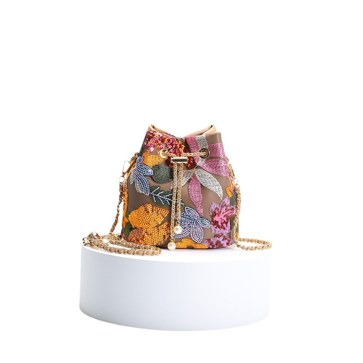 Bucket Bag With Mesh Patchwork Contrasting Colors Drawstring And Chain Strap