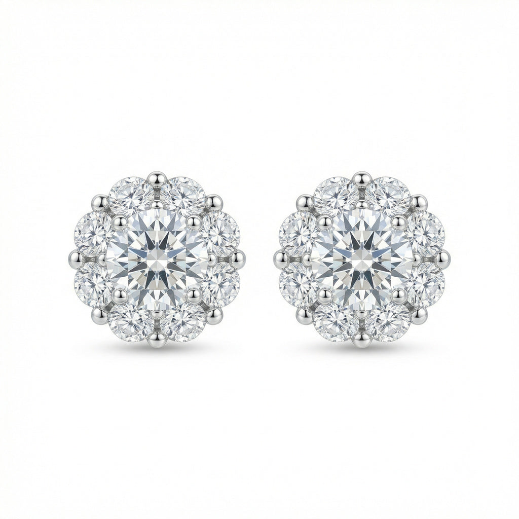 925 Sterling Silver Elegant Round Brilliant Diamond Halo Stud Earrings in Polished White Metal