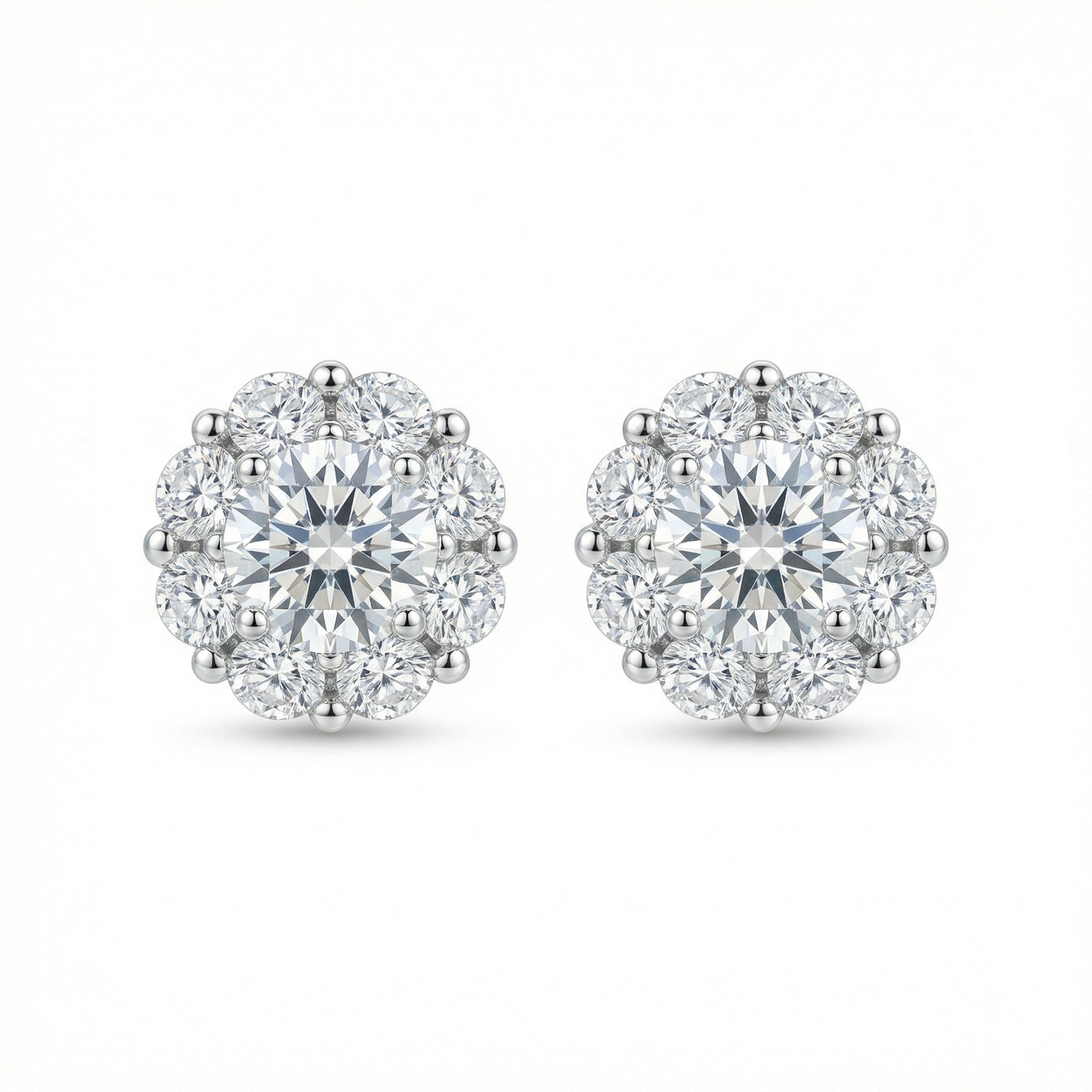 925 Sterling Silver Elegant Round Brilliant Diamond Halo Stud Earrings in Polished White Metal