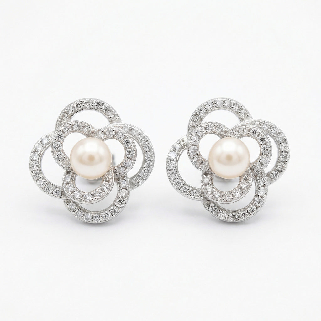 925 Sterling Silver Exquisite Pearl and Pave-Set Crystal Floral Stud Earrings in Silver