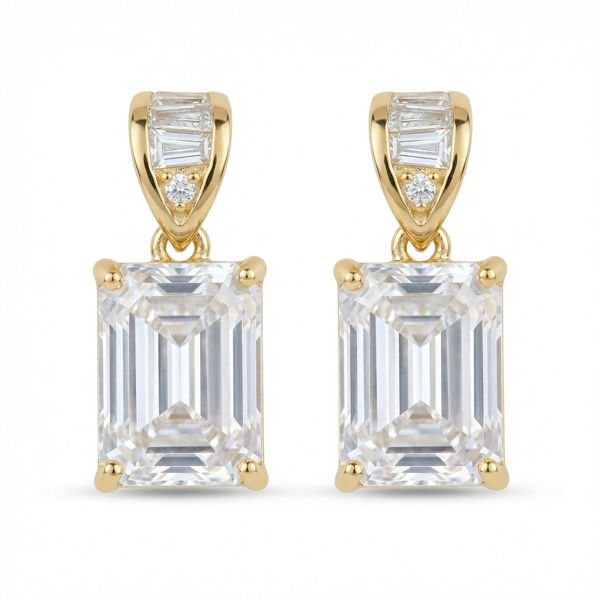 925 Sterling Silver Elegant Emerald-Cut Crystal Drop Earrings with Baguette Accents