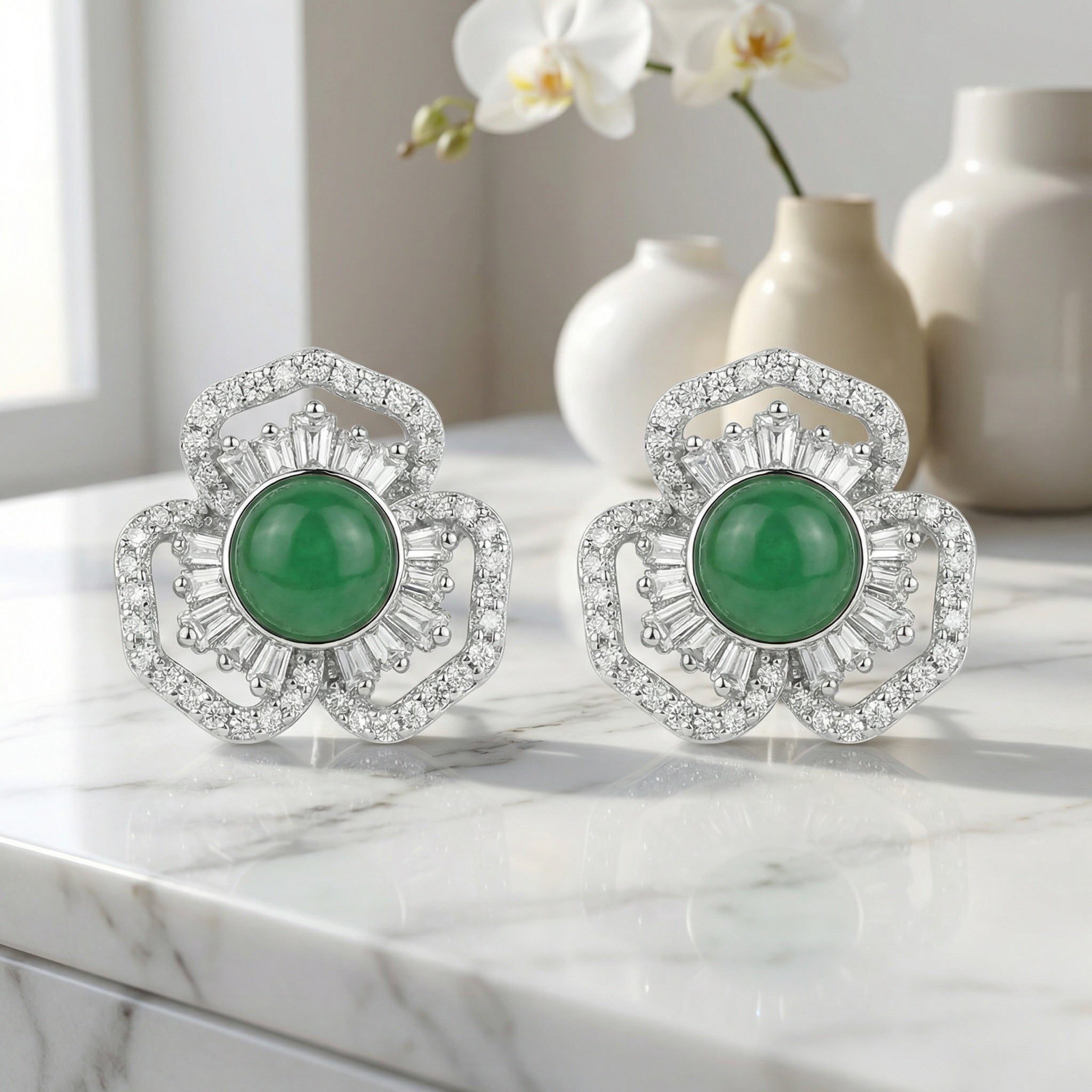 925 Sterling Silver Elegant Green Gemstone Flower Stud Earrings with Shimmering Baguette and Round Accents