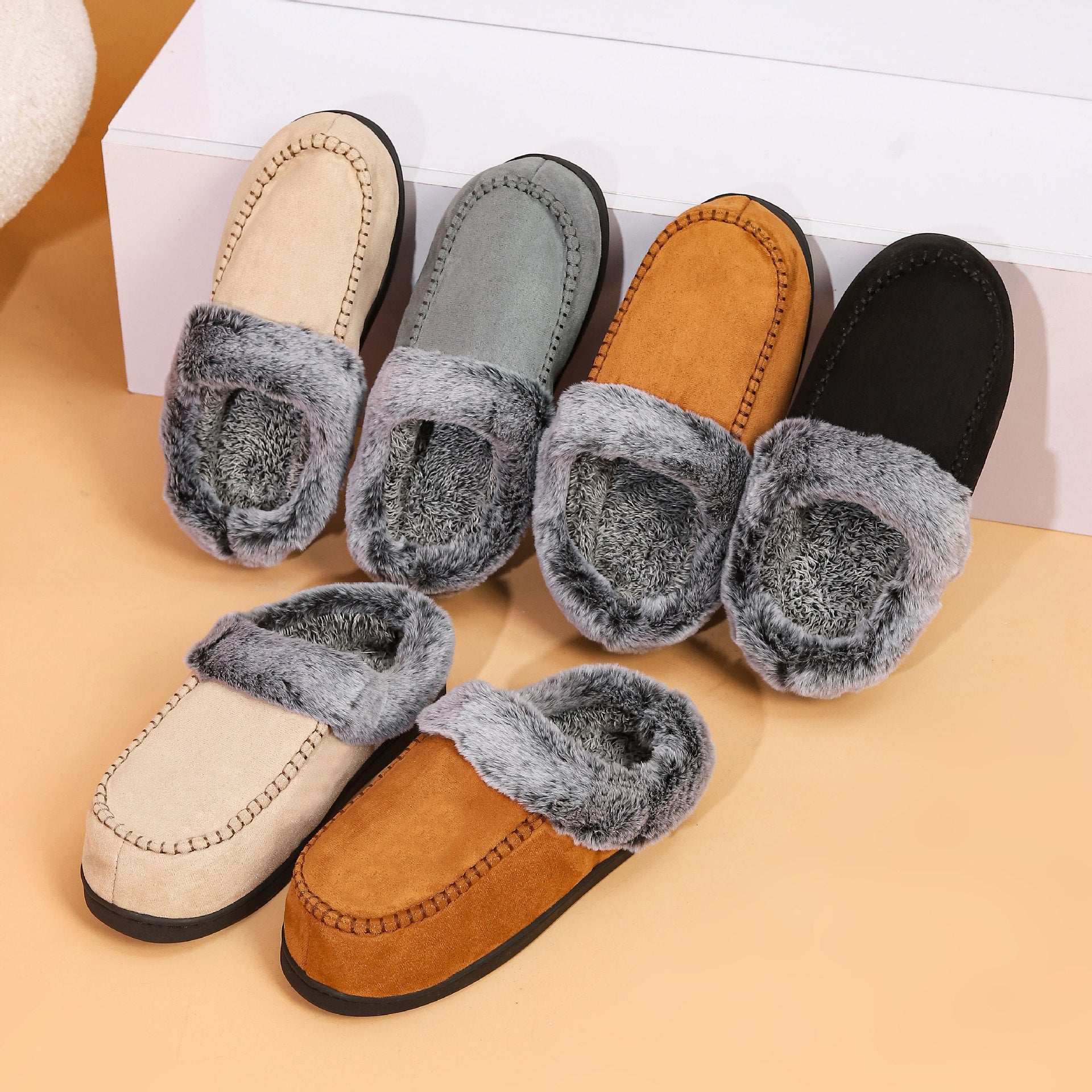 Men's Faded-Edge Mark Shoes WarmIndoor-Outdoor Fleece-LinedNon-Slip Thickened Cotton Slippers