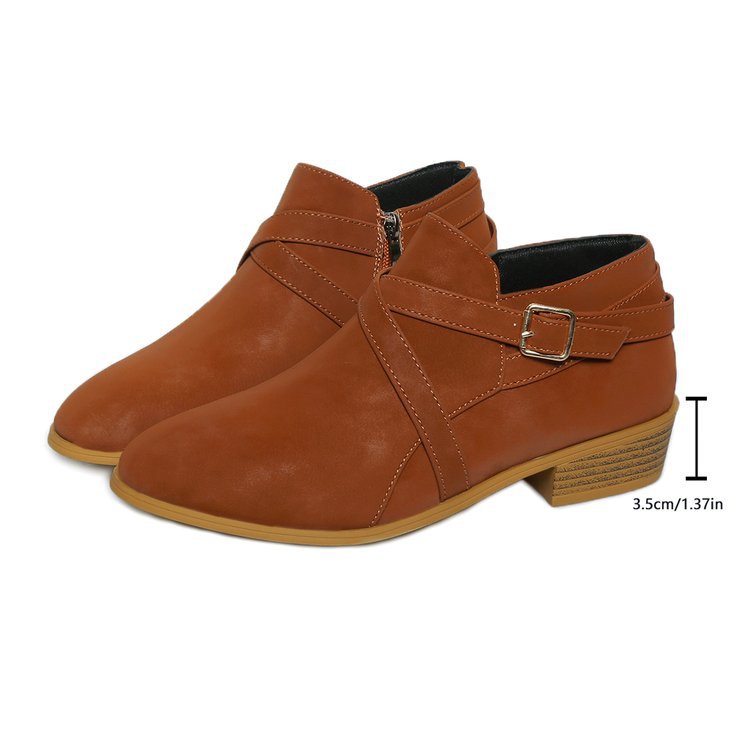 Womens Large-Size Leather Boots With Side Zipper And Cross Straps