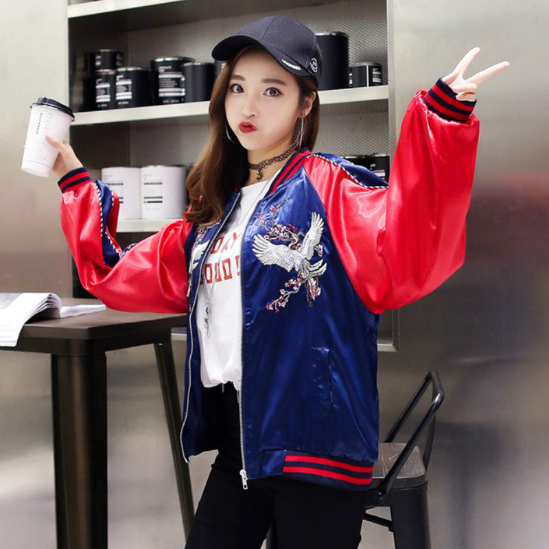 Winter Couple Crane Embroidery Jacket Coat Baseball Uniform
