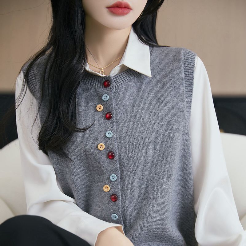 Women's Crew-Neck Knitted Cardigan Vest With Colorful Buttons