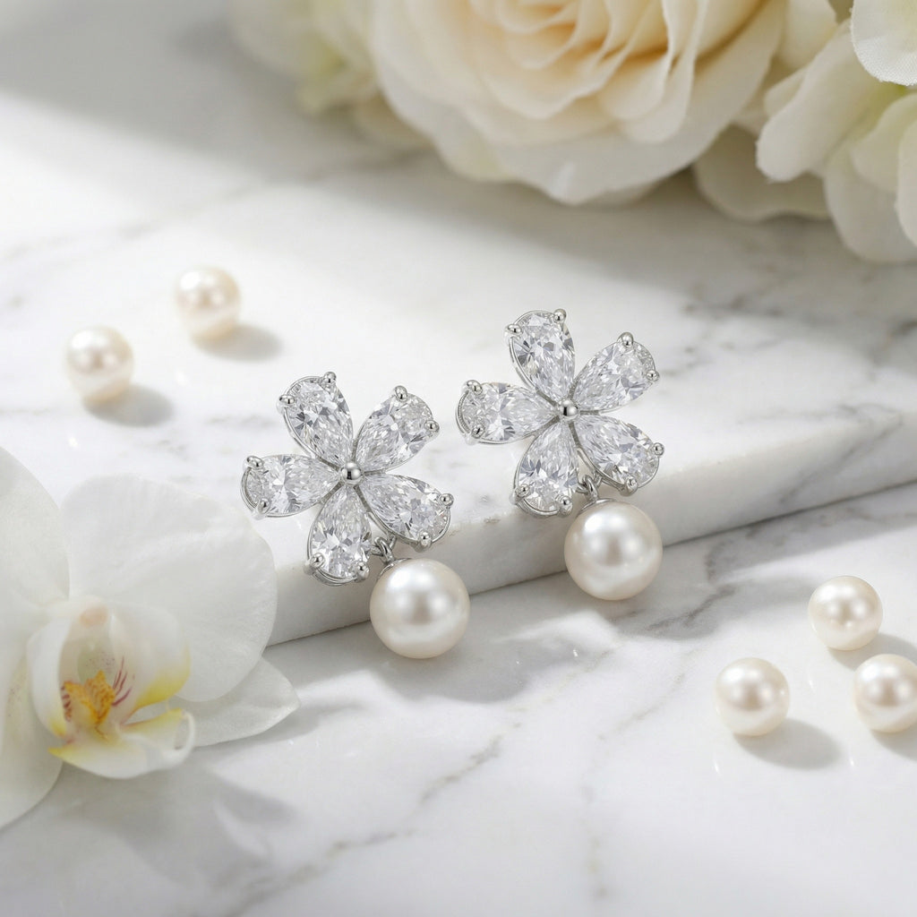 925 Sterling Silver Elegant Pear-Cut Crystal Flower and Pearl Drop Earrings