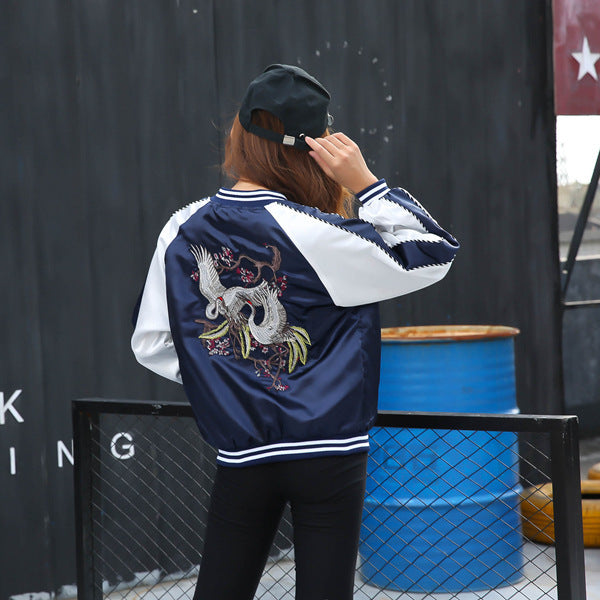Winter Couple Crane Embroidery Jacket Coat Baseball Uniform