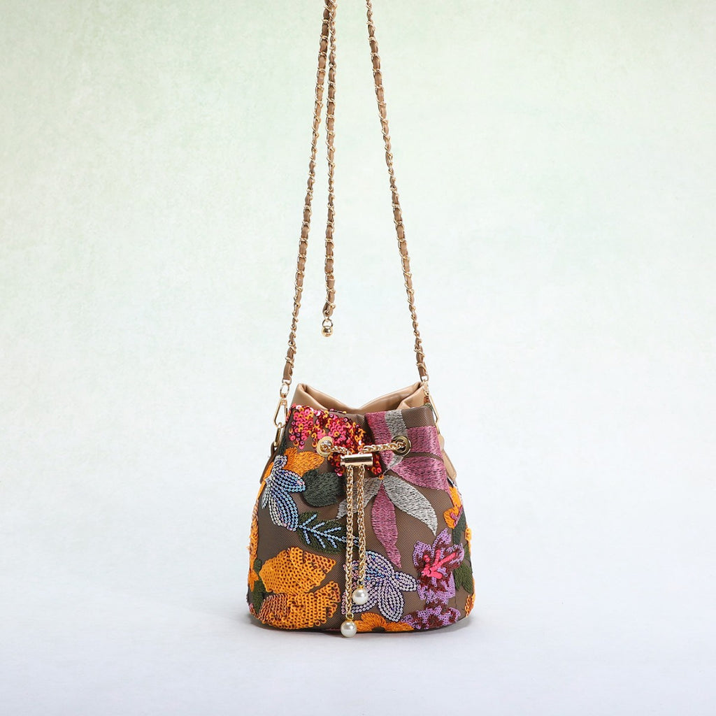 Bucket Bag With Mesh Patchwork Contrasting Colors Drawstring And Chain Strap