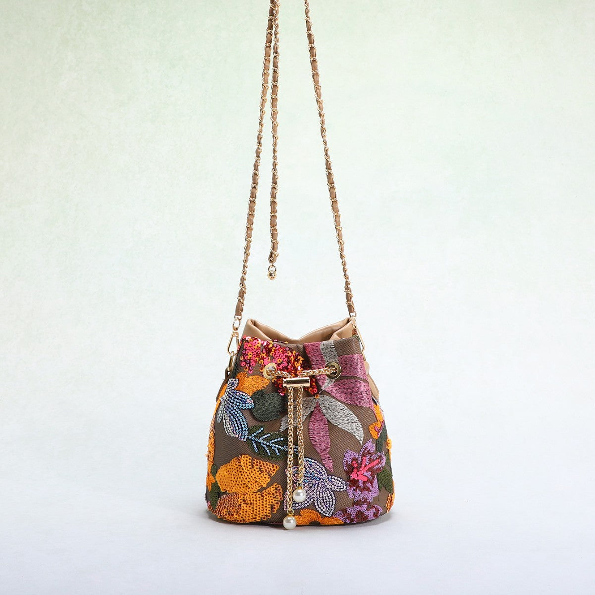 Bucket Bag With Mesh Patchwork Contrasting Colors Drawstring And Chain Strap