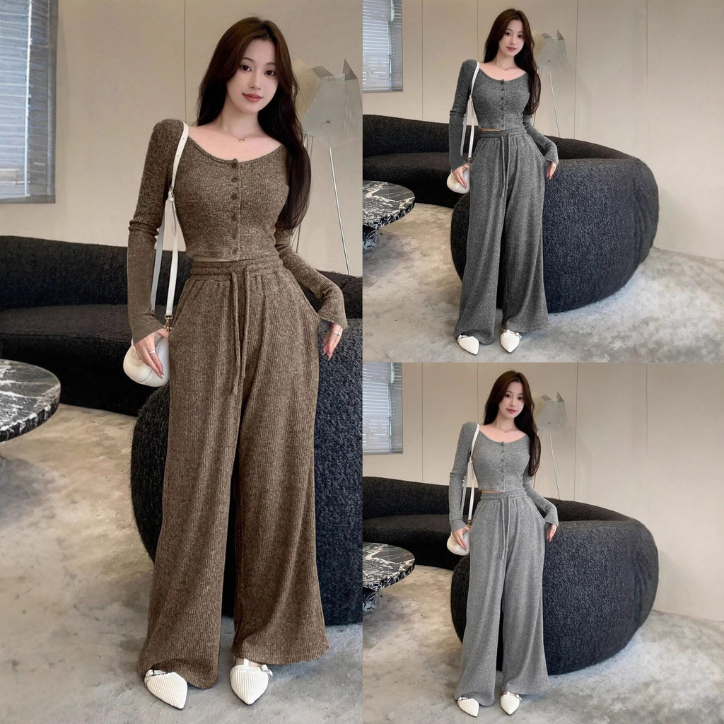 Women's Wide-leg Pants Autumn And Winter Straight High-waisted Drape Drawstring Casual Set