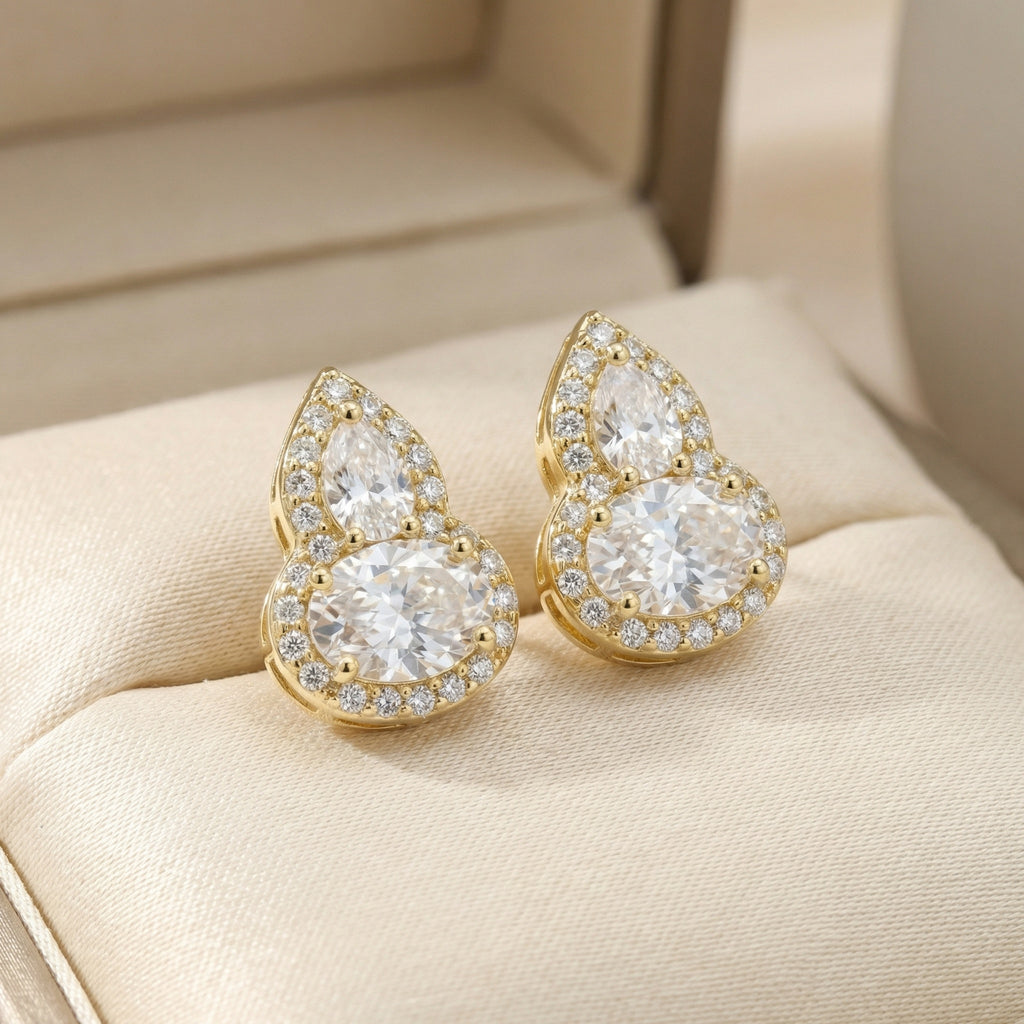 925 Sterling Silver Elegant Pear and Oval Cut Moissanite Halo Stud Earrings