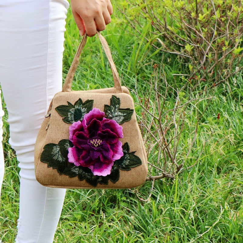 Ethnic-style Embroidered Floral Bag, Canvas Casual Bag, Handbag