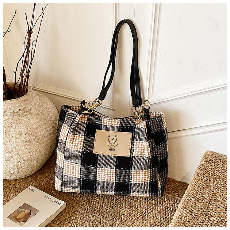 Wool Plaid Women's Single-Shoulder Commuter Bag With Large Capacity