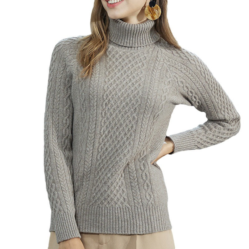 Women's High-neck Cable Knit Wool Sweater