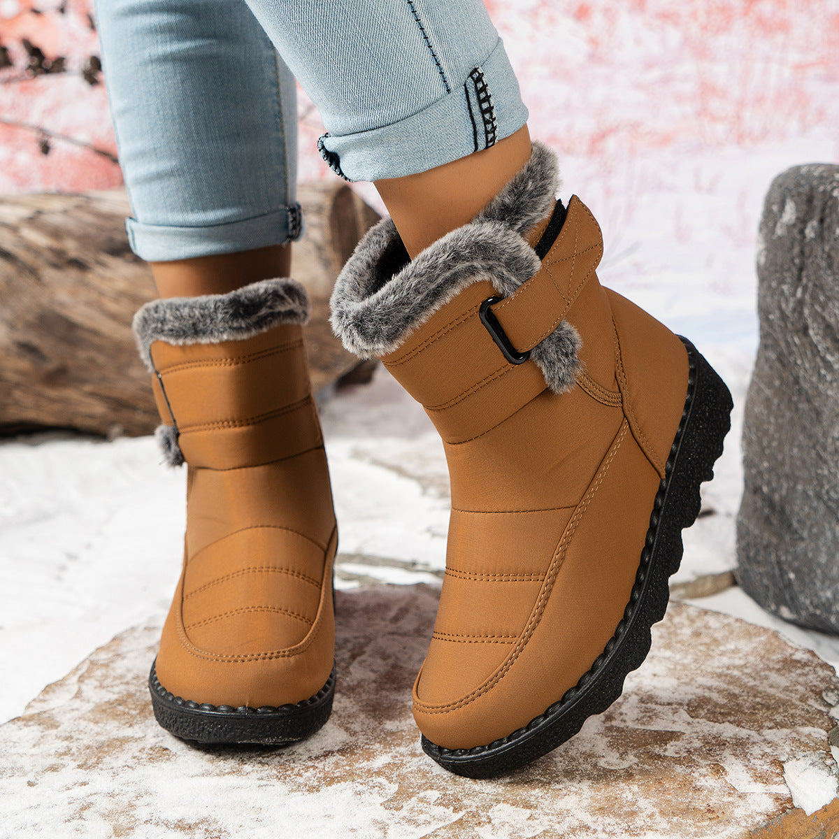 Women's Snow Boots With Rabbit Fur And Velcro Closure