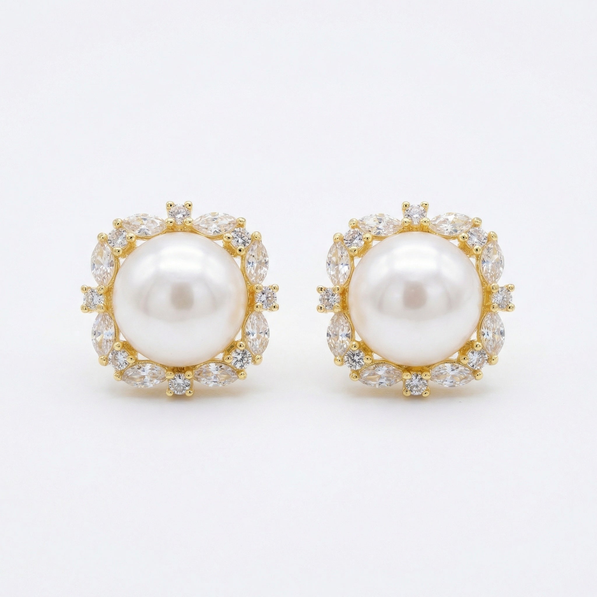925 Sterling Silver Elegant White Pearl Stud Earrings with Marquise and Round Zirconia Square Halo Settings