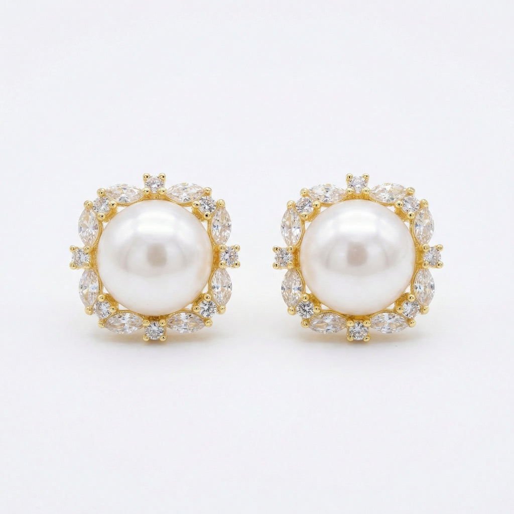 925 Sterling Silver Elegant White Pearl Stud Earrings with Marquise and Round Zirconia Square Halo Settings