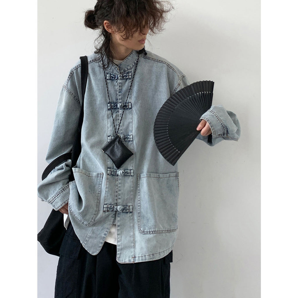 Retro Frog-Button Denim Shirt Unisex Stand-Up Collar Casual Jacket