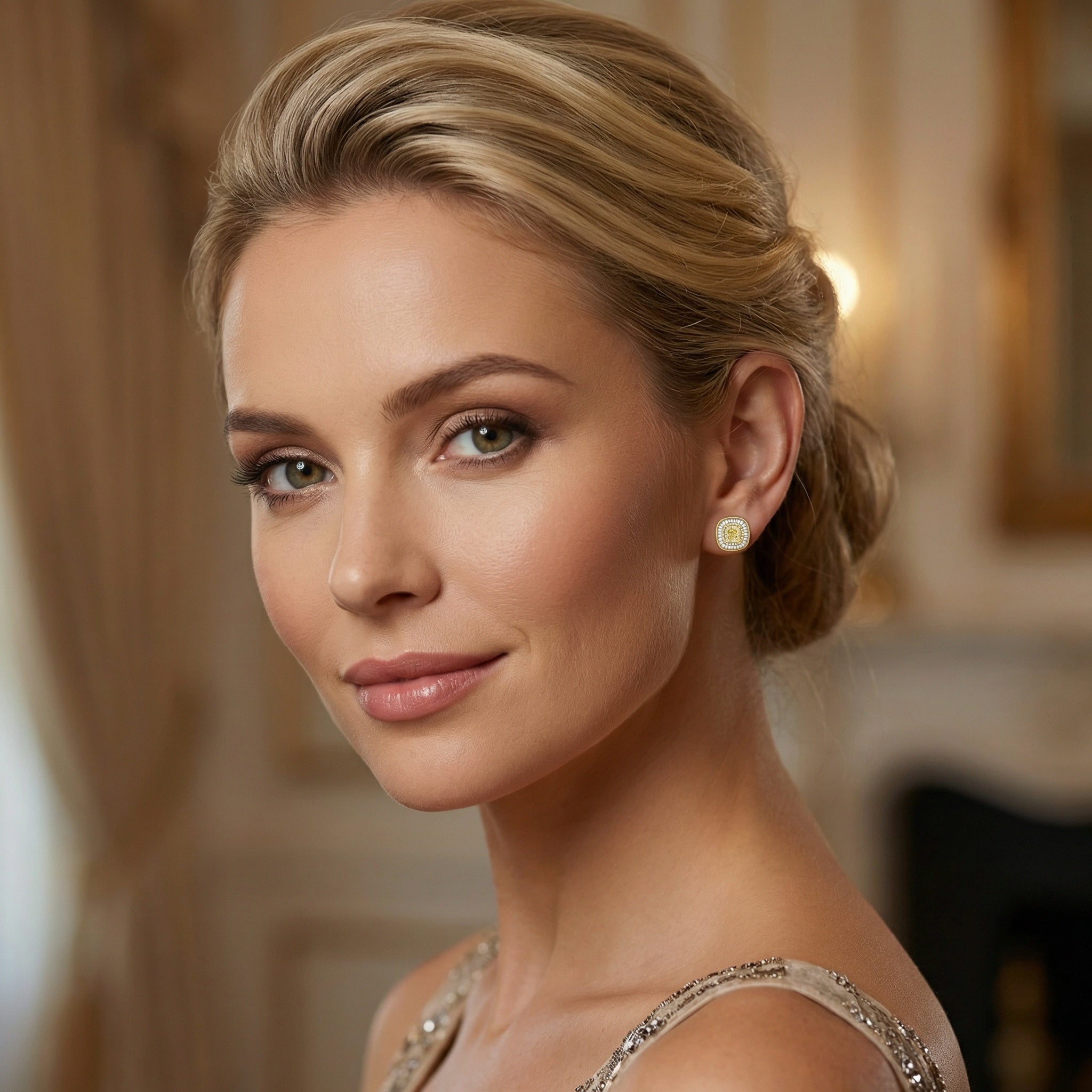 925 Sterling Silver Cushion Canary Gemstone Double Halo Baguette Border Stud Earrings