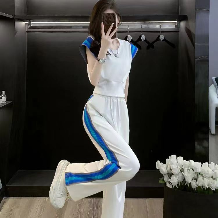 Women's Summer High-End Contrasting Color Short-Sleeve Top And High-Waist Wide-Leg Pants Two-Piece Set