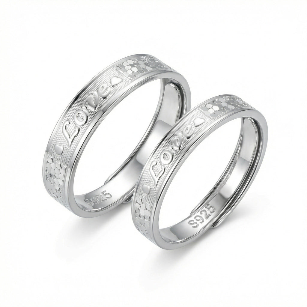 925 Sterling Silver Romantic Silver Couple Rings with "Love" and Heart Engravings